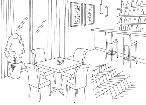 Cafe interior restaurant bar graphic black white sketch illustration vector 
