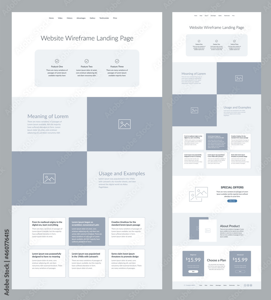 Poster website design template. landing page wireframe.