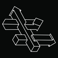 Impossible shapes. Sacred geometry. Optical illusion. Abstract eternal geometric object. Impossible endless outline arrows. Optical art. Impossible geometry symbol on a black background. Line art.