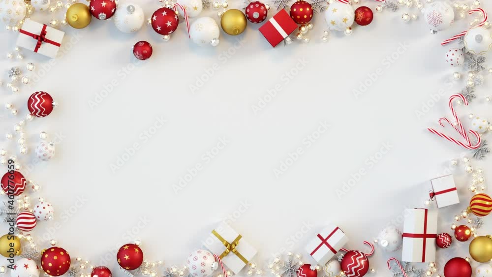 Poster frame of christmas decorations. winter holidays template with empty space. 3d render animation