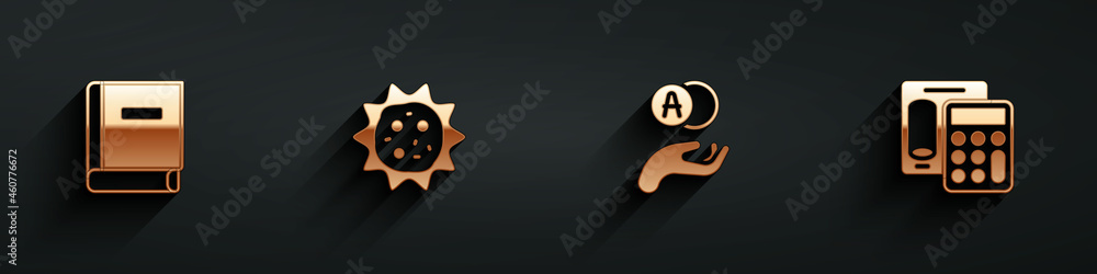 Poster set science book, virus, atom and calculator icon with long shadow. vector
