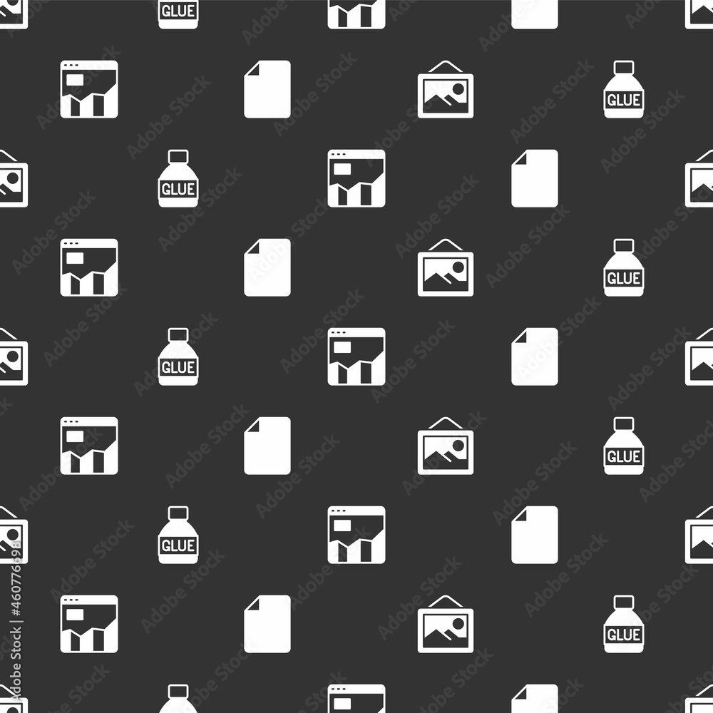 Poster set picture landscape, glue, graph chart infographic and file document on seamless pattern. vector
