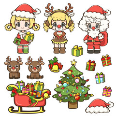 A Christmas vector illustration featuring a girl dressed in a Christmas costume, Santa Claus, golden bells, Santa Claus sleigh, Christmas tree, gift boxes, and reindeer.
