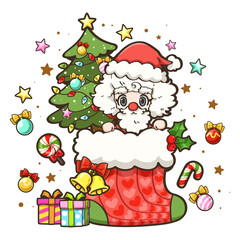 Santa Claus and a Christmas tree in big red socks are depicted in a cute cartoon character vector illustration. It can be used as a Christmas decoration or as part of the overall design.