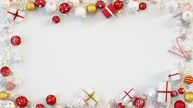 Frame of christmas decorations. Winter holidays template with empty space. 3D render animation