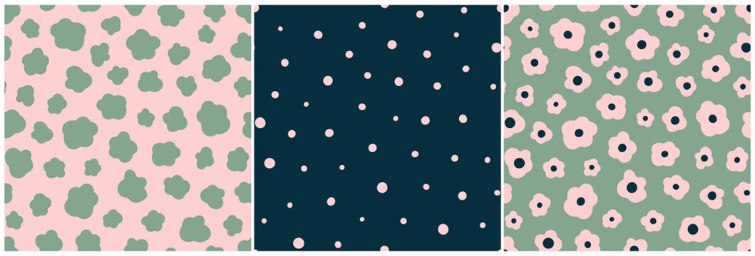 Ditsy daisy, spots and polka dots seamless repeat pattern collection. Set of different minimal all over prints.