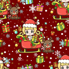 The cute cartoon Christmas pattern on a red background can be tiled indefinitely. Illustration vector format. It can be used as a Christmas decoration or as part of the overall design.