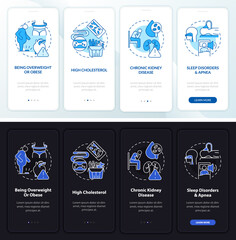 Hypertension causes onboarding mobile app page screen. High cholesterol walkthrough 4 steps graphic instructions with concepts. UI, UX, GUI vector template with linear night and day mode illustrations