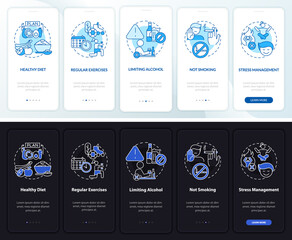 Prevent hypertension onboarding mobile app page screen. Healthy diet walkthrough 5 steps graphic instructions with concepts. UI, UX, GUI vector template with linear night and day mode illustrations