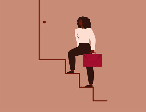 African American Businesswoman climbing up onto career ladder. Strong Woman takes step by step forward to success. Females entrepreneur rises up on the stairway. Concept to Achieving goals. Vector