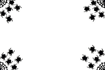 Festive black and white background for Halloween. Black spiders running on the web in the corners. Place for the text in the center.