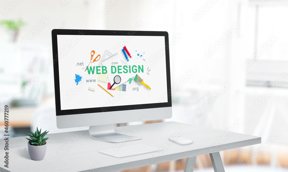 Poster Web design studio with computer display on office desk. Creative web page with web design text surrounded by tools concept