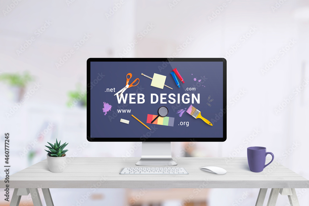 Poster Web design studio with computer display and concept creative web design illustration