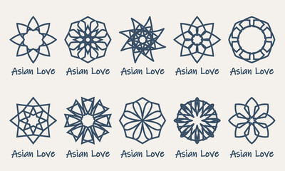 Mosaic arabic linear ornaments set. Vector geometric emblems for ornamental design or logos. Asian love symbols