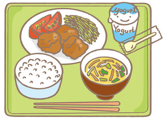 社食・給食（唐揚げ）　This is Japanese lunch. It is a fried chicken set meal.	