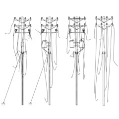 Contour of destroyed power lines from black isolated on white background. Front view. Vector illustration