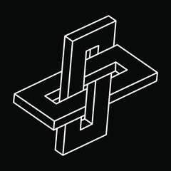 Impossible shape. Sacred geometry figures. Optical illusion. Abstract eternal geometric object. Impossible endless outline. Optical art. Impossible geometry symbol on a black background. Line art.