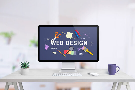 Web design studio with computer display and concept creative web design illustration