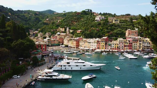 PORTOFINO, ITALY, AUGUST 10, 2021: The picturesque harbour of Portofino