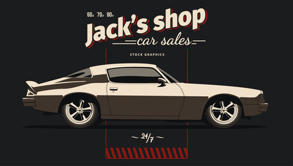 Classic muscle car in vector. Vintage style, solid colors.