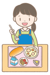 給食を食べる女の子（パン・シチュウ）　Children eating school lunch