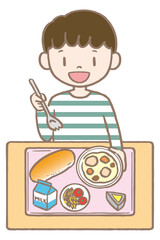 給食を食べる子ども（パン・シチュウ）　Children eating school lunch