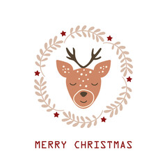 Christmas card with reindeer head and Christmas wreath. Vector illustration.