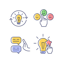 Logical and rational thinking RGB color icons set. Emotional maturity. Skeptical view. Information analysis and evaluation. Isolated vector illustrations. Simple filled line drawings collection