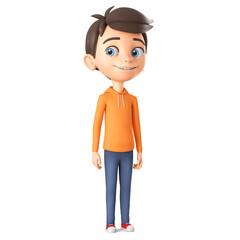 Character cartoon boy in orange sweatshirt on white isolated background. 3d render illustration.