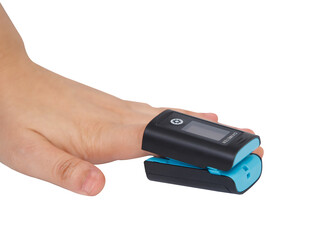 Woman using fingertip pulse oximeter on white background studio isolated. Man use finger to test