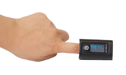 Woman using fingertip pulse oximeter on white background studio isolated. Man use finger to test