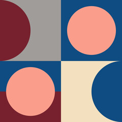 Modern vector abstract  geometric seamless pattern with circles, rectangles and squares  in retro scandinavian style. Pastel colored simple shapes graphic background. Abstract mosaic artwork.
