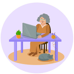 happy grandma with laptop and cat