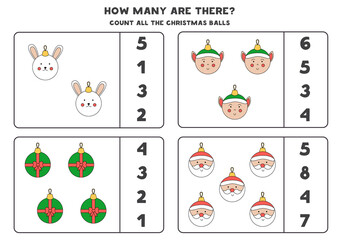 Counting game with Christmas balls. Educational worksheet.