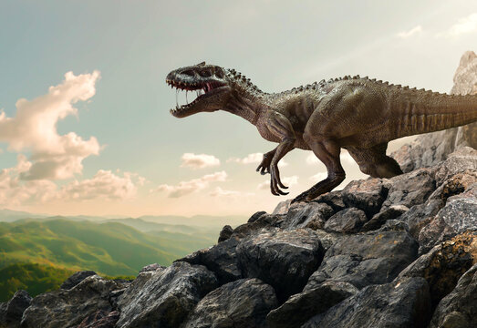 Fototapeta Dinosaur Tyrannosaurus Rex On Top Of Mountain Rock