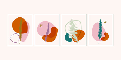 Botanical wall art posters collection. Set of realistic leaves, plants, herbs or flowers with abstract shapes in pastel colors. Artistic  nature art. Minimalist modern floral background.