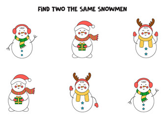 Find two identical Christmas snowmen. Educational game for preschool children.