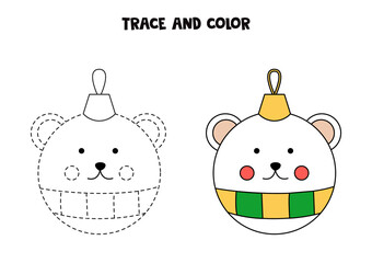 Trace and color cartoon Christmas bauble. Worksheet for kids.