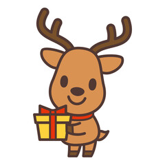 プレゼントを持っているかわいいトナカイのキャラクター　reindeer holding a present vector illustration