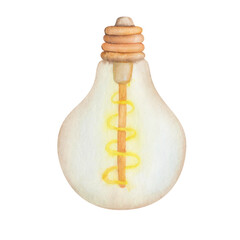 Watercolor illustration hand painted retro bulb from tranparent glass and yellow light, electric lamp for garland isolated on white. Design clip art element for postcards, packaging paper, textile