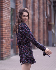 Woman in purple dress on red brick wall background