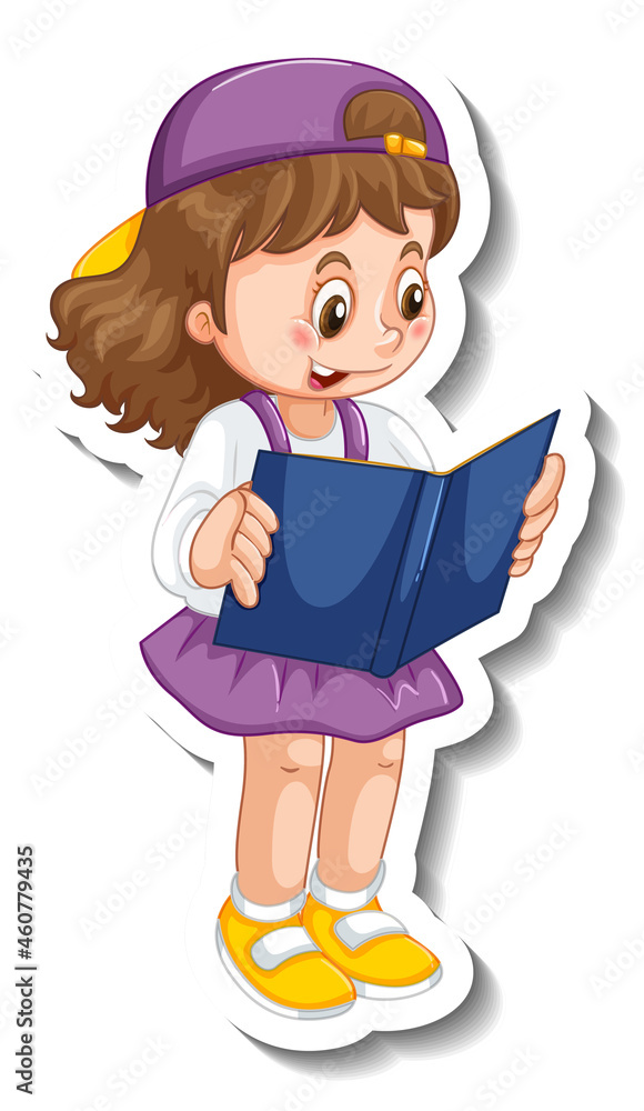 Canvas Prints sticker template with a girl reading a book cartoon character isolated