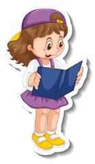 Sticker template with a girl reading a book cartoon character isolated