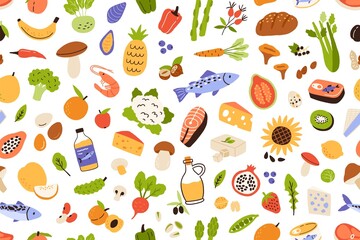 Healthy vitamin food pattern. Seamless background with organic fresh vegetables, fruits and fish. Endless repeating texture with groceries. Colored flat vector illustration for printing and decor