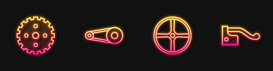 Set line Bicycle wheel, sprocket crank, chain with gear and brake. Glowing neon icon. Vector