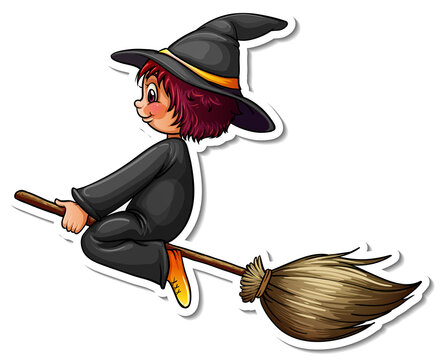 A witch flying with broom cartoon character sticker