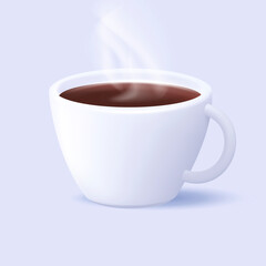 3d isolated render illustration or icon of white coffee cup with hot beverage with steam