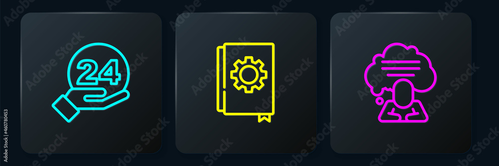 Aufkleber set line telephone 24 hours support, speech bubble chat and user manual. black square button. vector