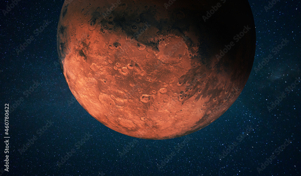 Poster red planet mars with craters in space with stars. space wallpaper concept