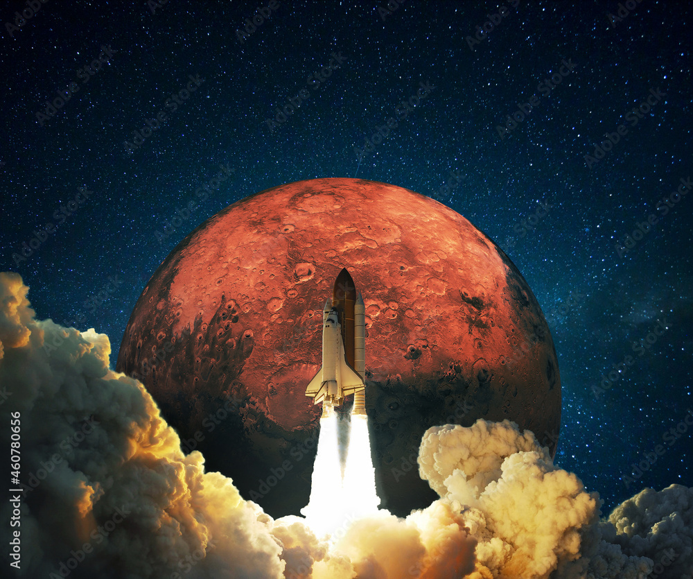 Poster new space rocket successfully launched into space with clouds of smoke to the red planet mars. space